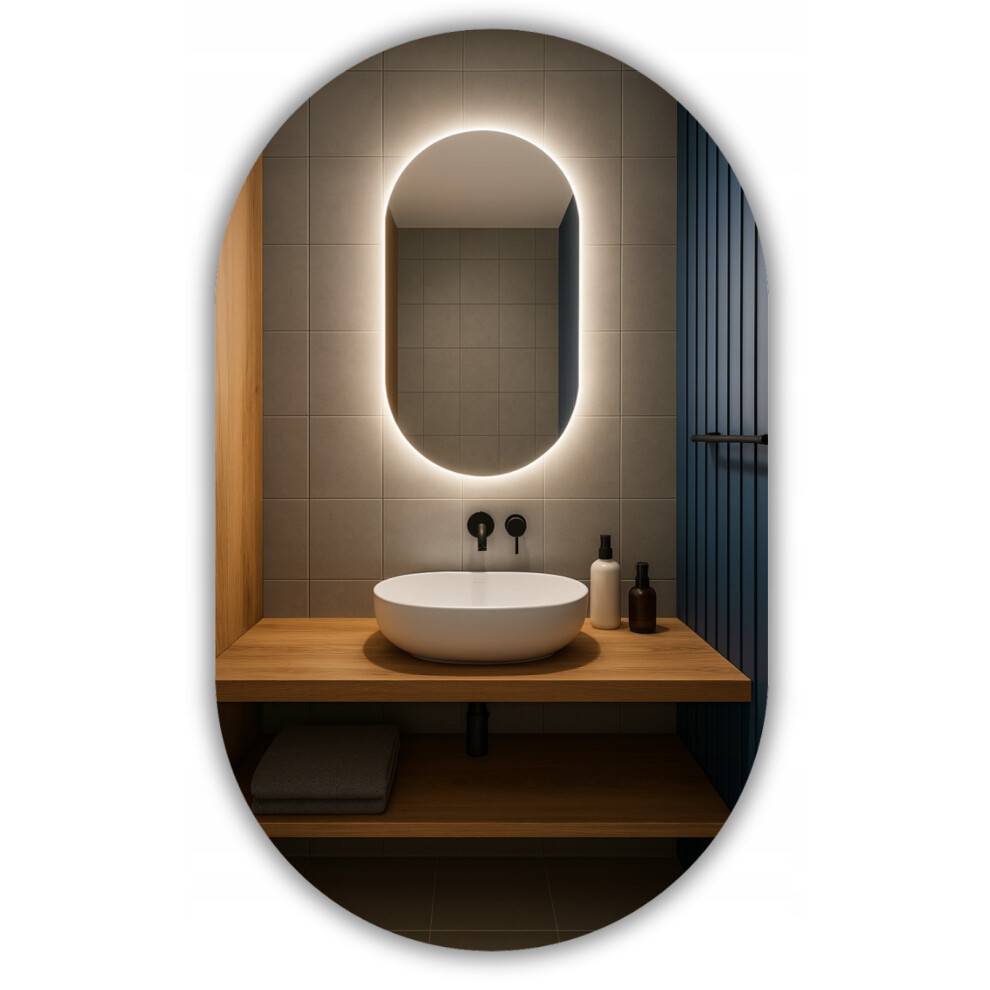 Ovalt LED-spejl 45x90 vandtæt IP65 ophæng lodret vandret LUNA