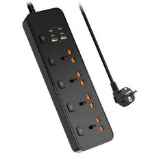Förlängningskabel med USB-kortplatser, 4-vägs uttag med 4 USB-C-portar och 2 USB-portar, 3 250 W enkel strömbrytare 1,8 m förlängningskabel med skyddade strömremsor, UK Multi Plug Adapter, svart