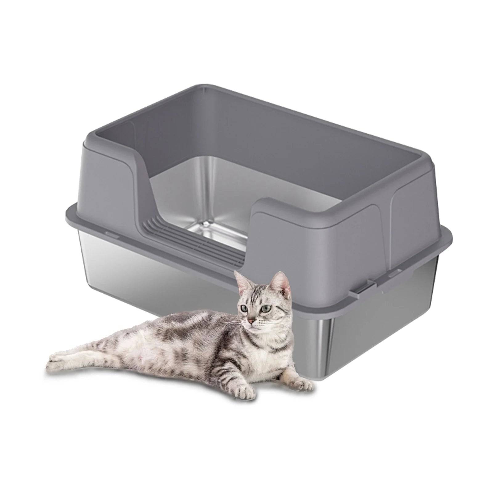 Stainless Steel Semi-Enclosed Cat Litter Box | High Sides | Anti-Splash | 3 Sizes - 50x35x28cm / GRAY / United Kingdom (50x35x28cm)