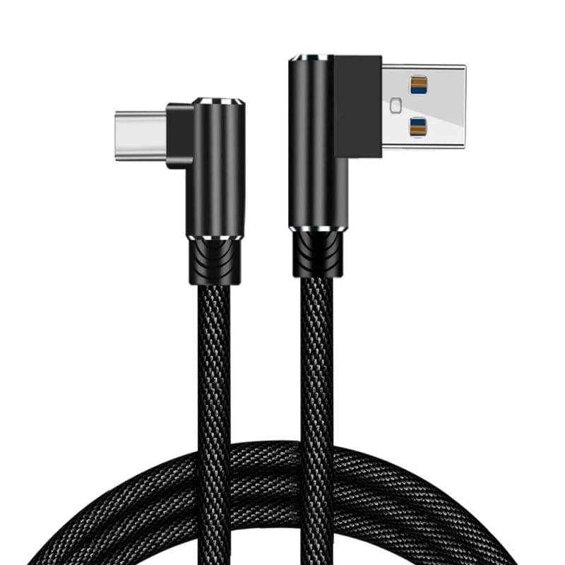 USB-C til USB-A Kabel - Flettet, Begge Stik Vinklet 90°, 2m (Sort).