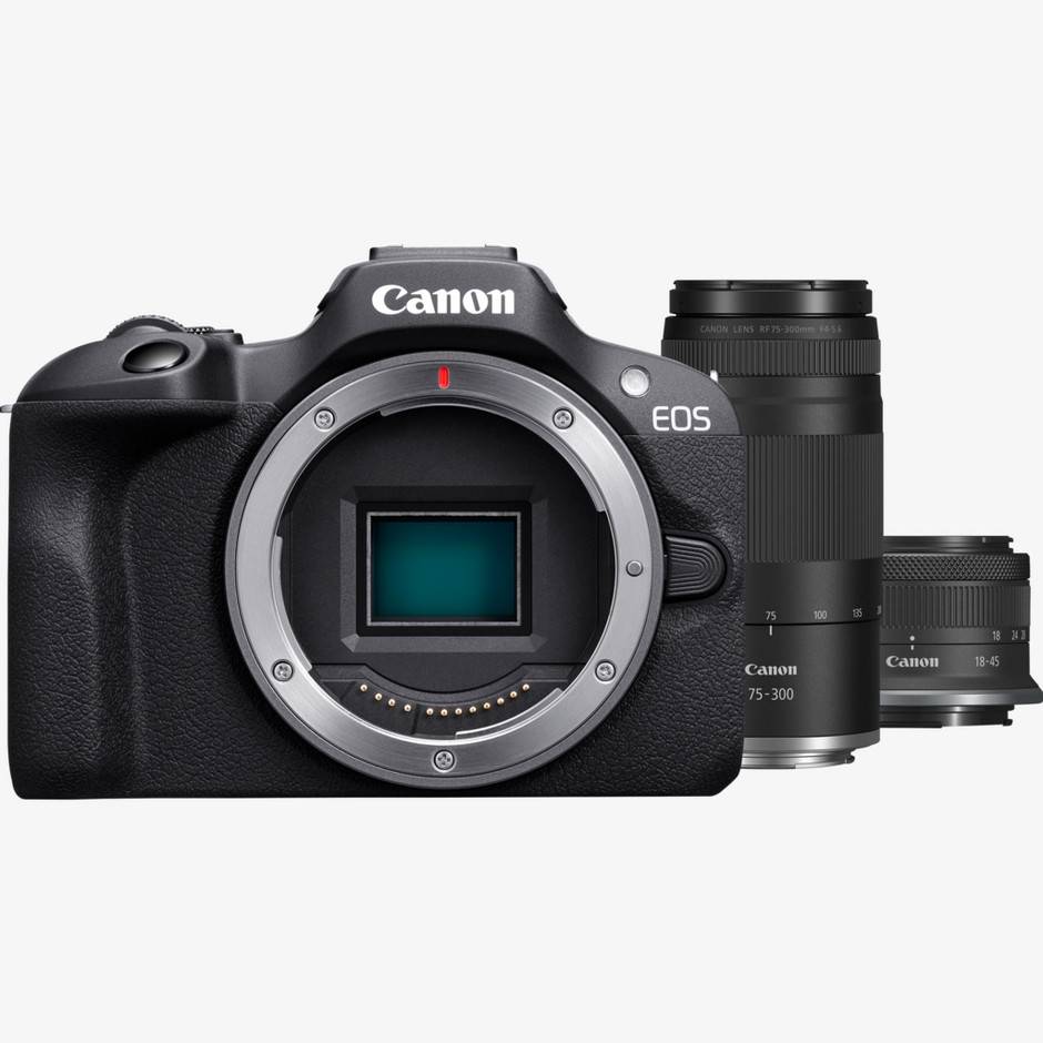 Canon EOS R100 systemkamera + RF-S 18-45mm F4.5-6.3 IS STM objektiv + RF 75-300mm F4-5.6 objektiv