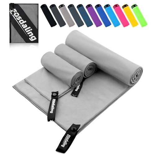 Fosdaling Mikrofaser Handtuch 3er Set - Groß 200×100cm & 2 Klein 80×40cm, Schnelltrocknend Microfaser Sporthandtuch, für Reisehandtuch, Badetuch, Fitness & Sport Handtücher und Strandtuch (Hellgrau)