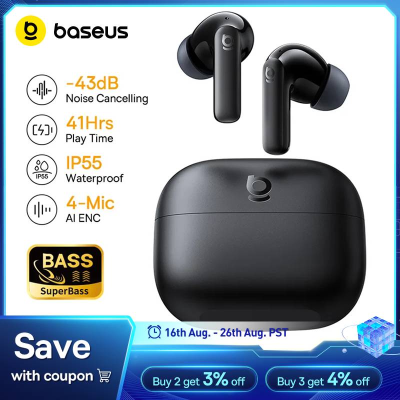 Baseus Bass EP10/BP1 NC -43dB Noise Cancelling ANC True Wireless Earbuds Bluetooth 6.0 In-Ear Wireless Earphones 4-Mics Ear buds
