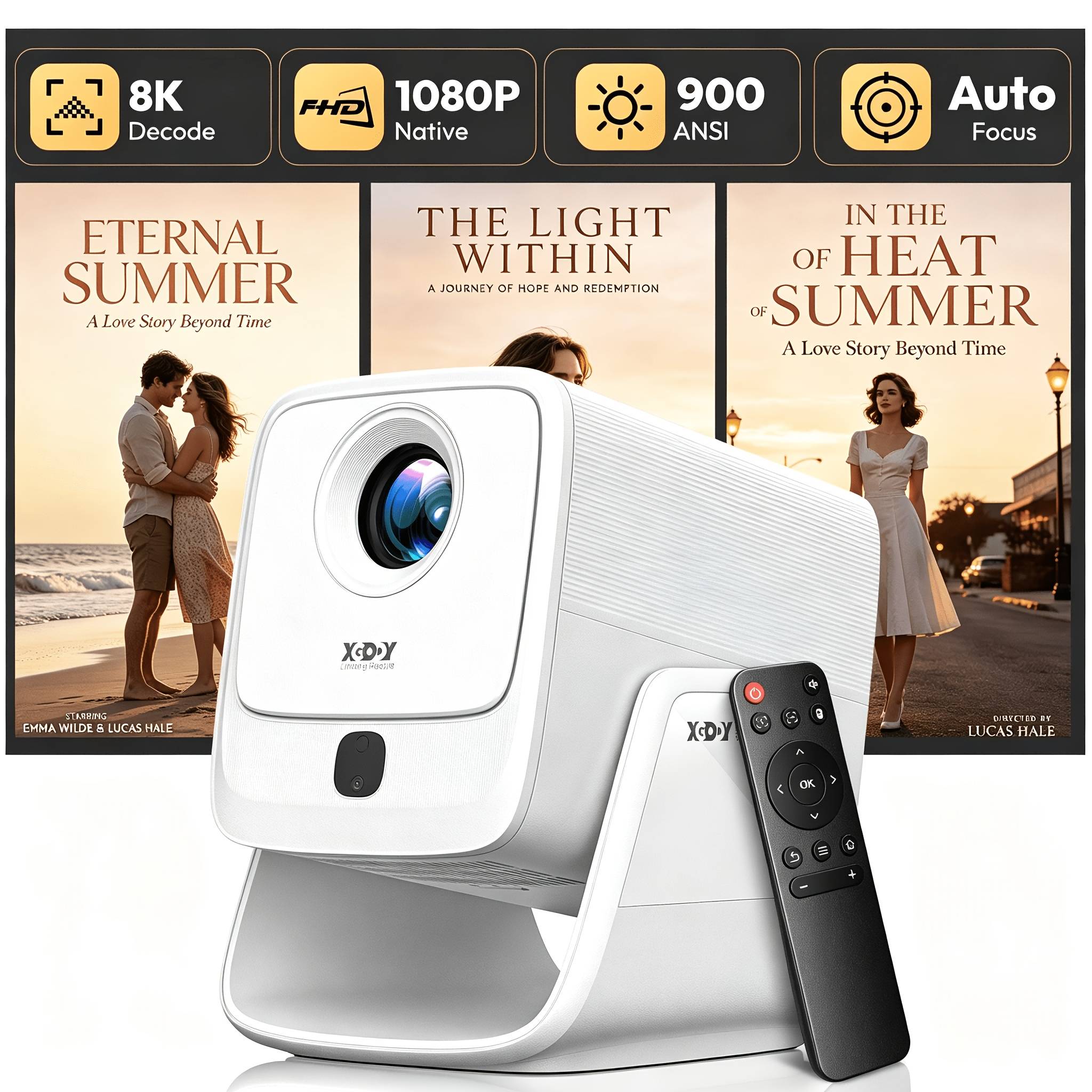 Xgody Native 1080p Smart Projector, 900ansi, Hdr10 & 8k , Auto Focus, 6d Keystone, 90° Rotating Gimbal, Wifi 6, Bt 5.4, Dual 8w Speakers, Short Throw Projector For