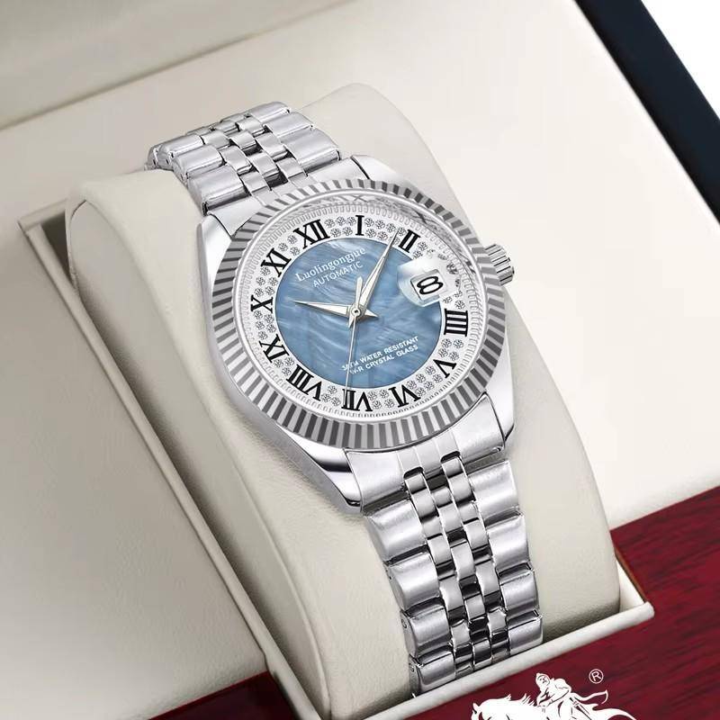 Herr Automatisk Mekanisk Klocka Vit Pärlemortavla Diamant Romerska Siffror Kalender Datum Rostfritt Stål Armbandsur