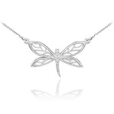 CZ Embellished Dragonfly Pendant Necklace in Sterling Silver - silver