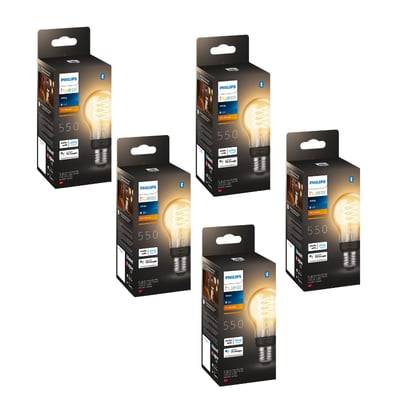 Philips Hue E27 LED-pære, Filament, 550lm, White, Zigbee + Bluetooth, 7W - 5 pak
