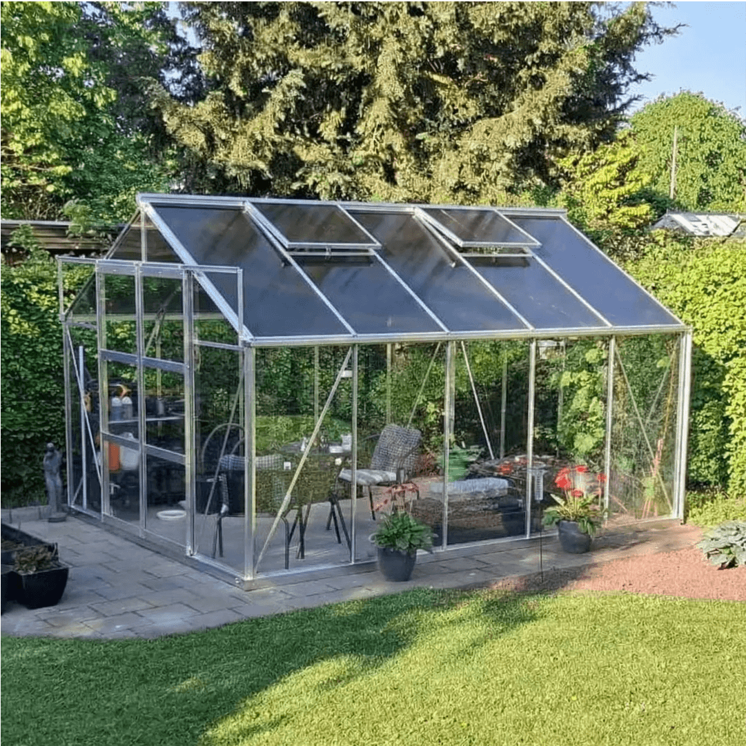 Drivhus Solid 10.5 M² - Ubehandlet aluminium / 6 mm. polycarbonat komplet / Blank stål sokkel FORUDBESTILLING