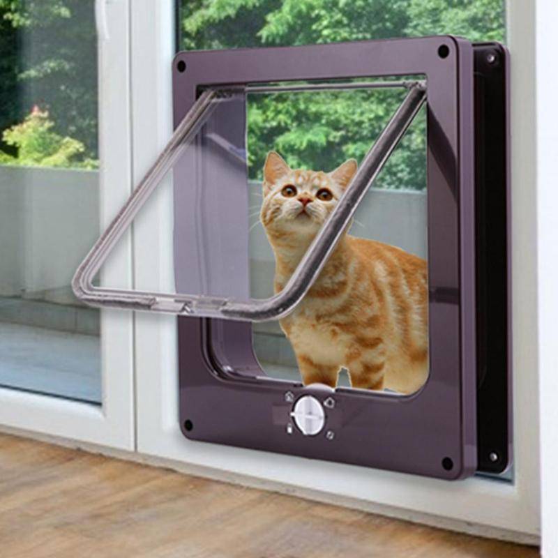 4- vägs låsbar hund katt kattunge dörr säkerhetslucka dörr abs plast s/m/l djur liten sällskapsdjur katt hund grind dörr sällskapsdjur tillbehör - Mörkbrun