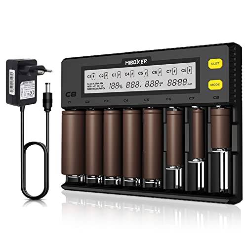 AUKSKY Universell batteriladdare, 18650 batteriladdare med LCD-display för batterier NI-MH, NI-Cd, AA, AAA, 14500, 18350, 21700, 26650, Li-Ion LiFePO4, RCR123A (8 kortplatser)