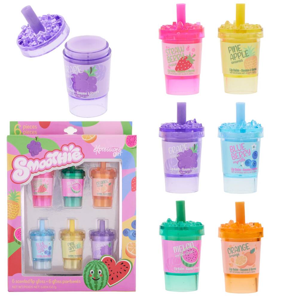 6 stk Smoothie Lip Balm S?t - Frugtduftende l?beglosser i yndige smoothieformede beholdere