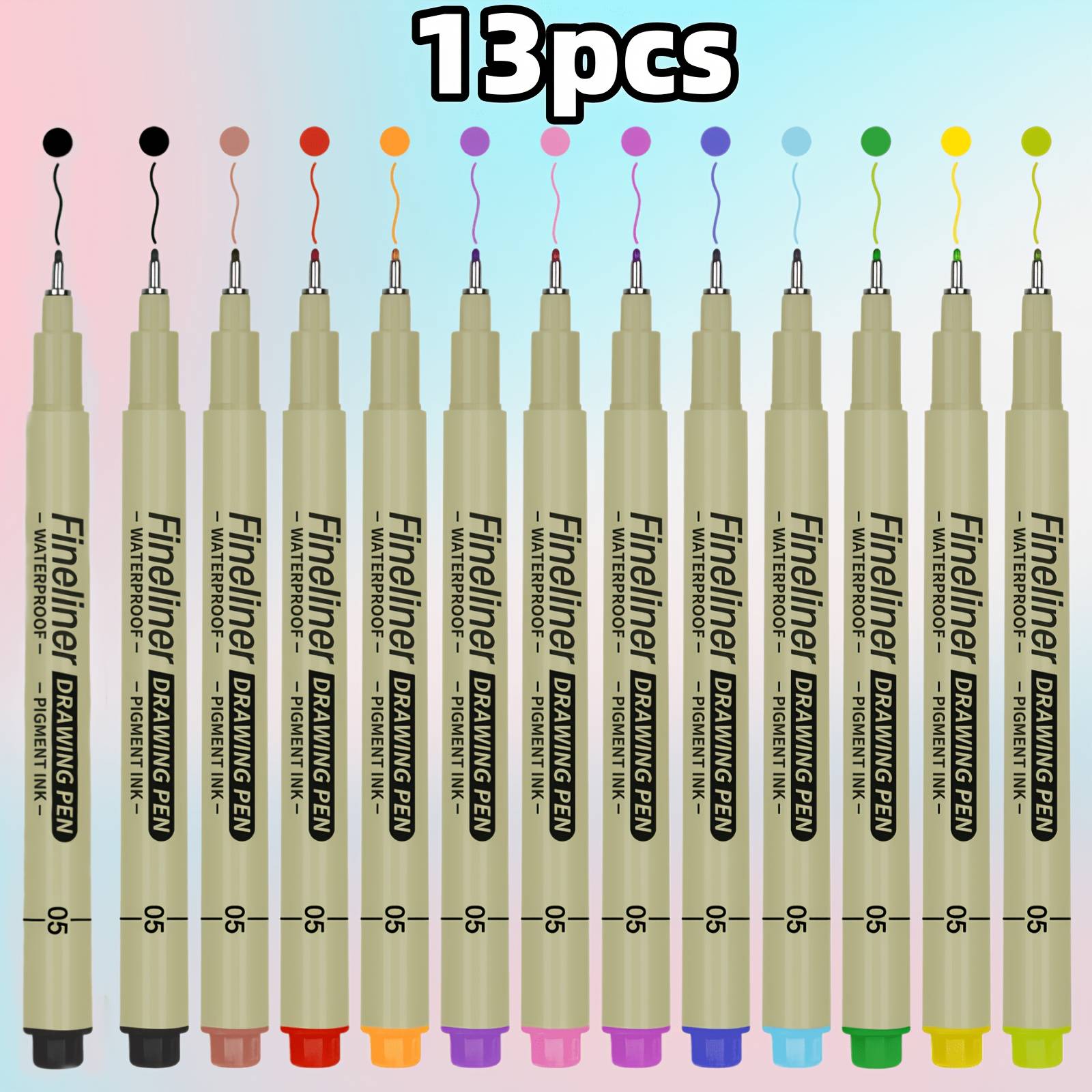 Set Of 13 Colorful Fine Pens - Lightweight And Durable Plastic Drawing Pens With Line Drawing,sketching, Journaling, Cartooning - Great For Artists, For Professional Artistic Use.
