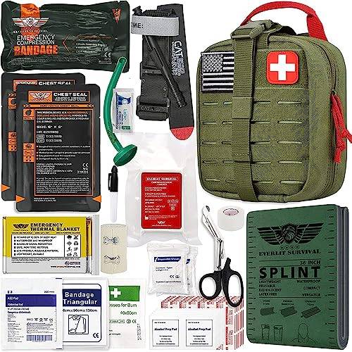 EVERLIT Advanced Emergency Trauma Kit, CAT GEN-7 Tourniquet Mil-Spec nylon laserskuren påse med 91 cm skena, militär strid taktisk IFAK för första hjälpen svar blödningskontroll (OD grön)