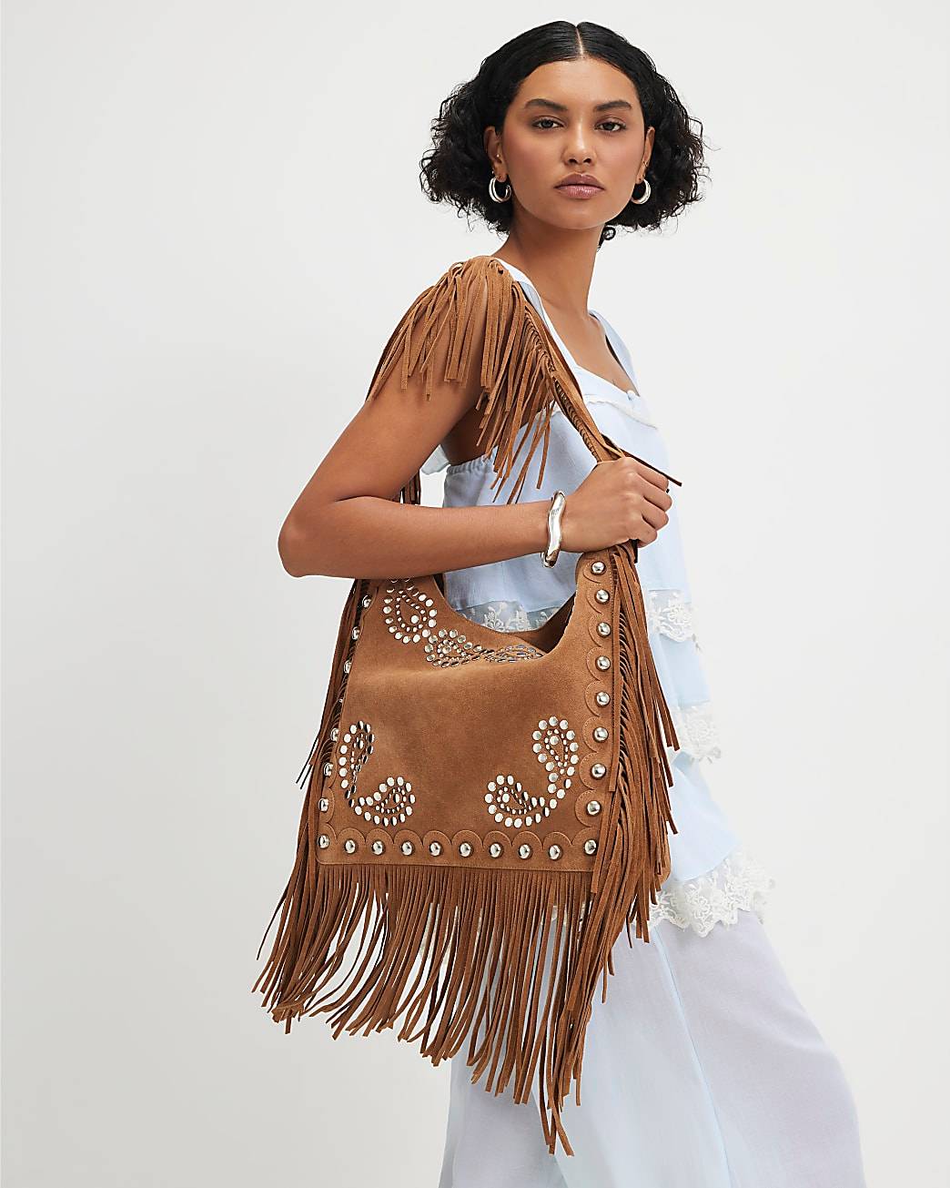 Brown Suede Studded Fringed Shoulder Bag