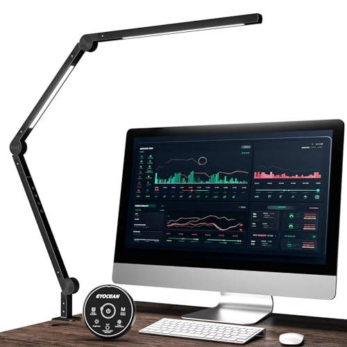 EYOCEAN LED Schreibtischlampe, Schwenkarm Architektenlampe Arbeitsleuchte, Duale Lichtquelle Büro Tischlampe, Einstellbare Helligkeit und Farbtemperatur, Augenschutz Klemmleuchte, Mattschwarz