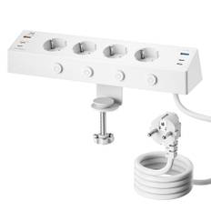 Bordsuttag med USB C, grenuttag med överbelastningsskydd, 4-vägs individuellt omkopplingsbart grenuttag, multiuttag med klämanordning med 2 m kabel, för kontor, vit