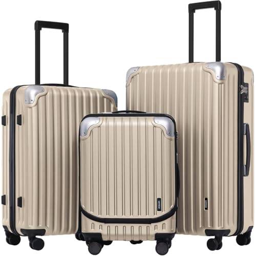 LEVEL8 Resväska Vagnar Set med 3, Lätt ABS + PC Handbagage Hard Shell Resväska Expanderbar, TSA, 4 hjul, 55cm / 68cm / 78cm, 36-42L / 65L / 104L (Champagne, 20/24/28)