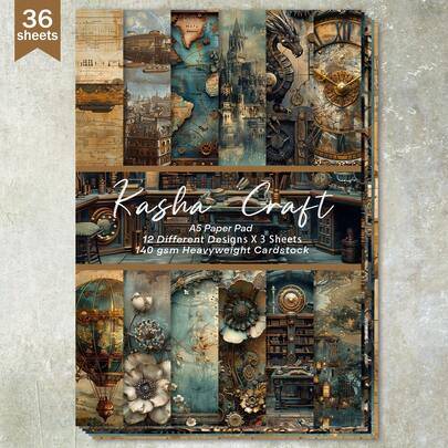 36 ark A5 vintage steampunk mekaniskt luftskepp bakgrund scrapbookingpapper, lämpligt för bullet journals, collage, kort, scrapbooks och hantverk