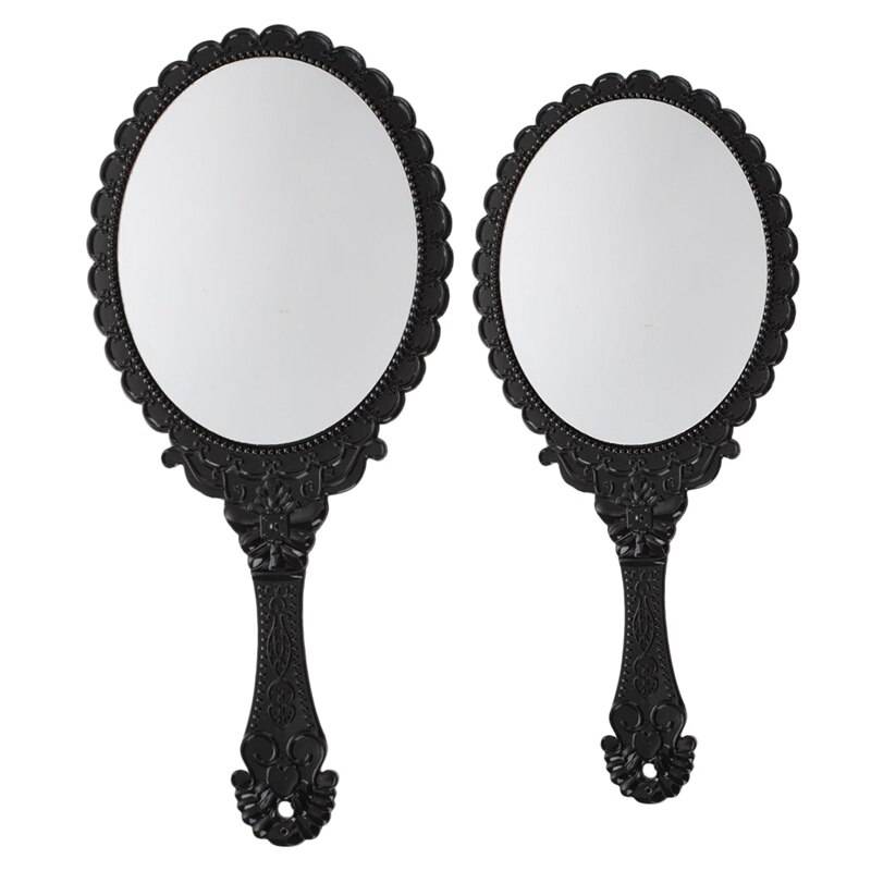 2 st svarta dam blommig repouse vintage spegel oval handhållen makeup skönhetsbyrå - l & s