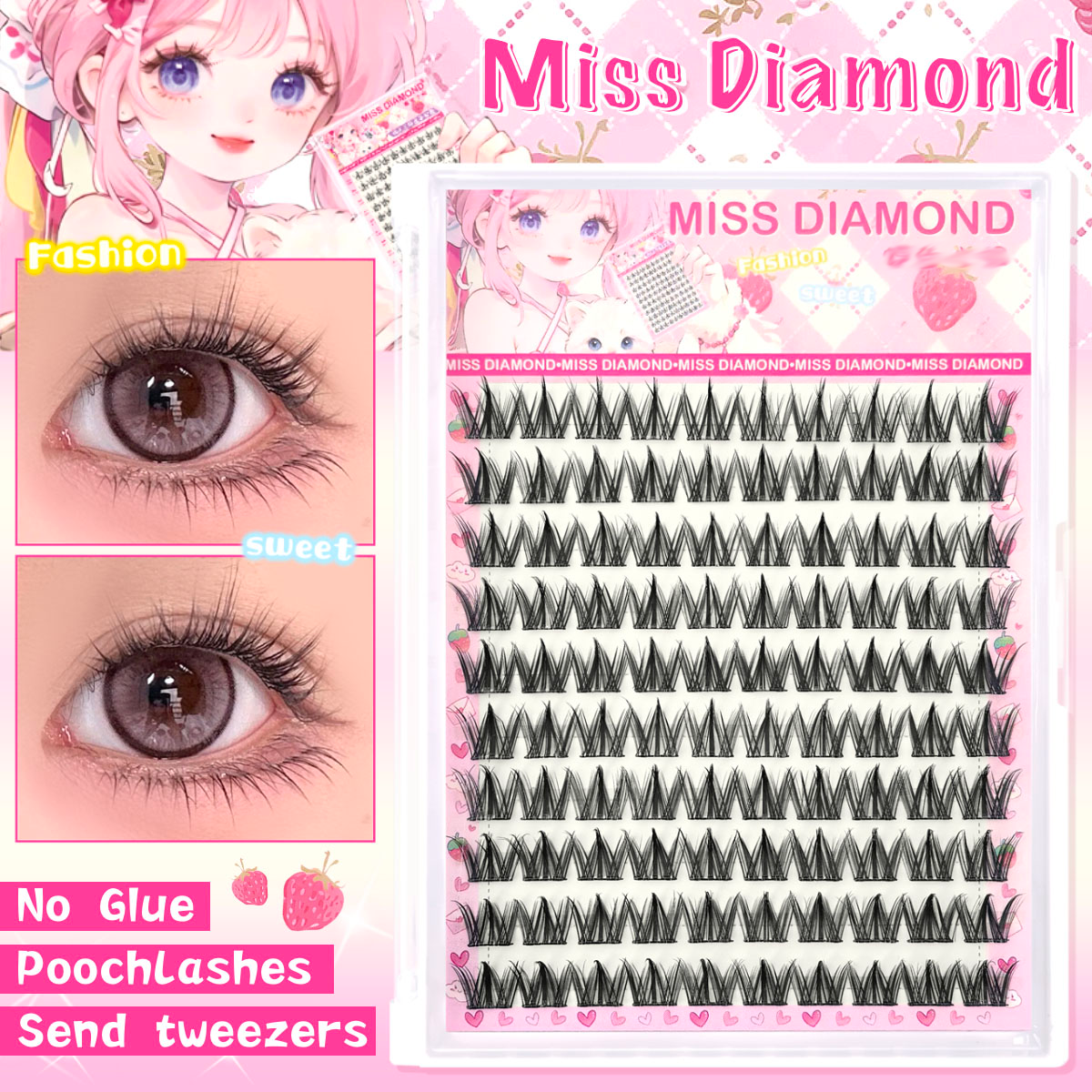100 Clusters of Self-adhesive Eyelashes, Curled and Slender Dog Style, 12mm Naturally Thickened Thin Strip Eyelashes, Self-Exten