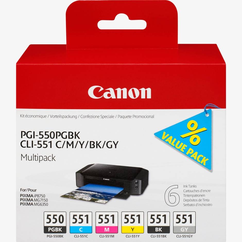 Canon PGI-550/CLI-551 flerpack med sex bläckpatroner (pigmentbaserad svart/cyan/magenta/gul/svart/grå)