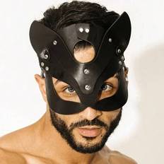 Unisex halvmask, cosplay katt läder ansiktsmask, cosplaymask, herr PU läder rolig kattmask, svart mask sexig och kostymtillbehör för män