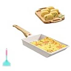 Yuragim Tamagoyaki stekpanna induktion med silikonspatel, panna avtagbart handtag grön, non-stick beläggning omelettstekpannor, japansk omelettpanna, fyrkantig panna (vit)