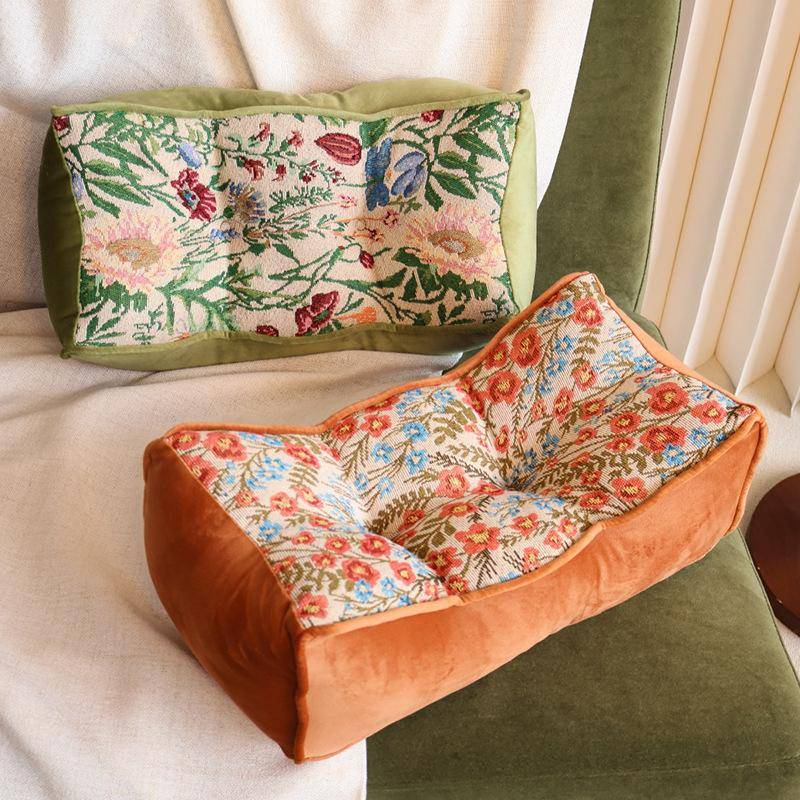 Vintage Blommig Ländryggskudde Jacquardtyg Sammetstrimma Ergonomisk Design Flerfärgad för Vardagsrum Soffa Sovrum Stol Dekor