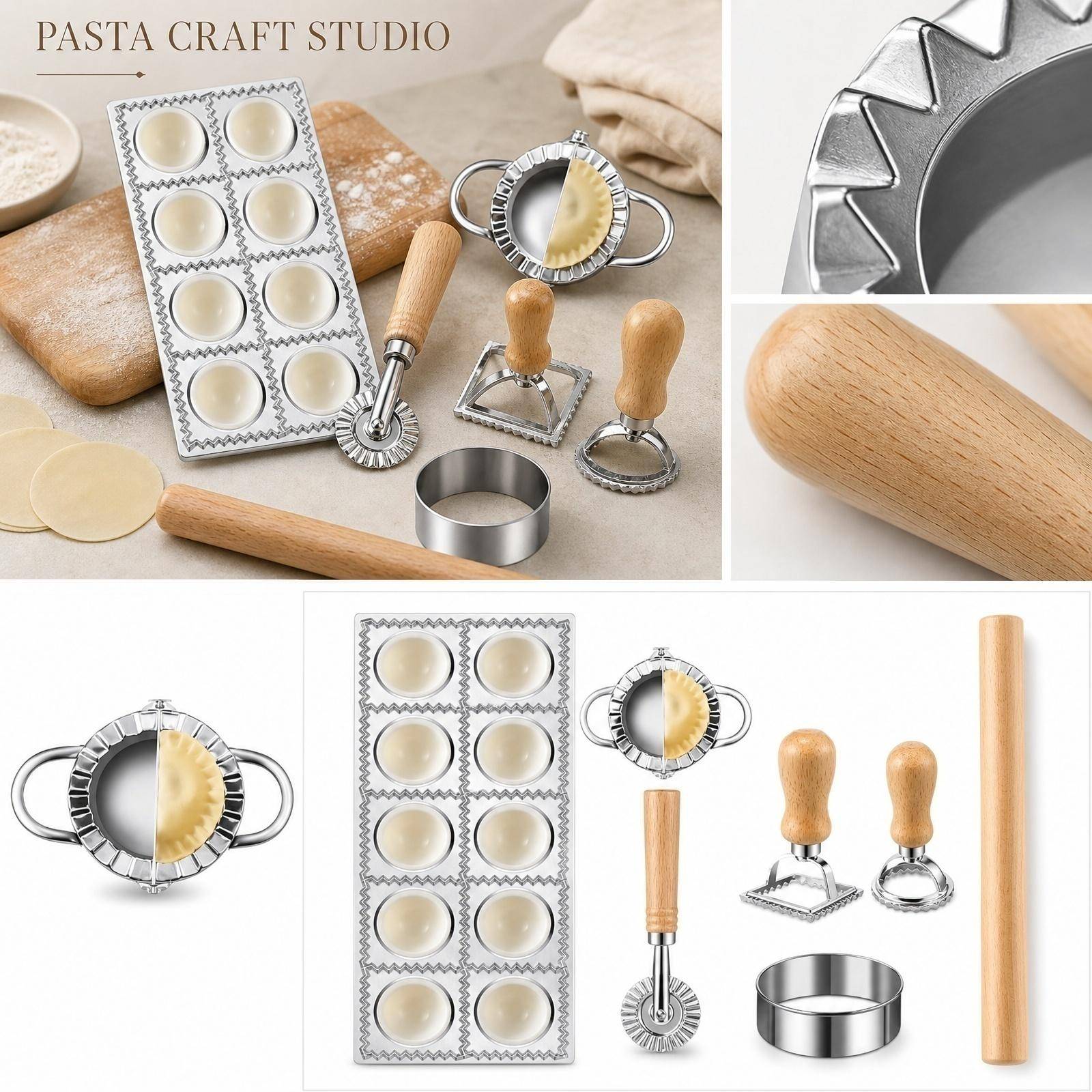 Manuell pastamaskin med kavel, ravioliform, dumplingpress, degskärare och stämplar för hemlagade dumplings i italiensk och asiatisk stil khaki