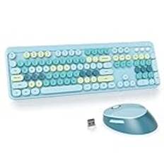 SOLIDEE Trådlös tangentbord och muskombo,Retro skrivmaskins-tangentbord,2.4GHz Färgglada rundtangenters tangentbord med nummerplatta,104 tangenter Ergonomiskt tangentbord(US Layout QWERTY)(Mixed Blue)