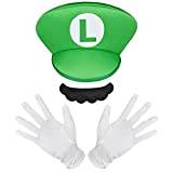 AOMIG Mario Kostymer, 3-pack Mario Cosplay Kostymtillbehör Kit för kvinnor Män Barn, Mario och Luigi Hattar Keps Mustascher Vita handskar Fancy Dress Up för Mario Party Carnival Costume (grön)