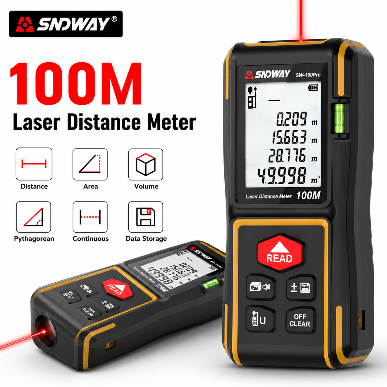 SNDWAY Laser Distance Meter SW-50Pro 50M 70M 100M Digital Rangefinder ±2mm Accuracy Area Volume Measurement