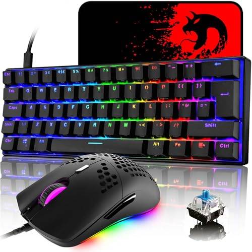 LexonElec MK21 UK Layout 60% Mekaniskt Tangentbord Musset, Mini 62 Nycklar Trådbundet RGB-Bakgrundsbelyst Speltangentbord + 6400DPI Ultralätt Honeycomb-Mus + Musmatta för PS4, PC - Svart/Blue Switch