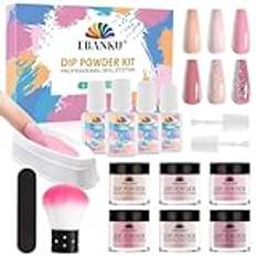 15 stycken Dip Powder Nail Starter Kit, EBANKU 6 färger Nude Pink Glitter Nail Dip Powder Kit med Dip Liquid Set Base/Top Coat Activator Brush Saver System Essential Kit för Fransk Nagelsalong DIY