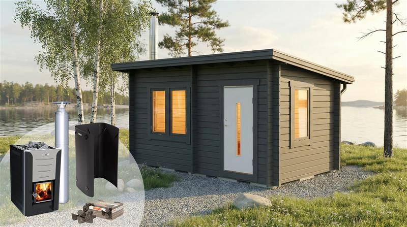 Bastupaket Bastustuga Skogskär Funkis 12 kvm & Hariva 20 Pro - Premiumpaket Svartskorsten