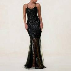 Kvinnors Halter Neck Glitter Fisk Svans Fåll Aftonklänning Elegant formell balklänning för bröllopsgäst, för examen, middag för festkläder - Svart - L,M,S,XL,XS