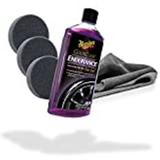 detailmate Däck vårdset för glans: Meguiars däckvård Endurance Tire Gel High Gloss 473 ml uppsättning av 3 applikatordynor appliceringssvamp Ø 90/22 mm Edgeless GreyLow mikrofiberduk 380GSM