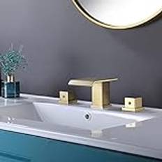 Solid Brass Modern Waterfall Bathroom Basin Faucet 3 Holes 2 Square Handles Brushed Gold Sink Faucet