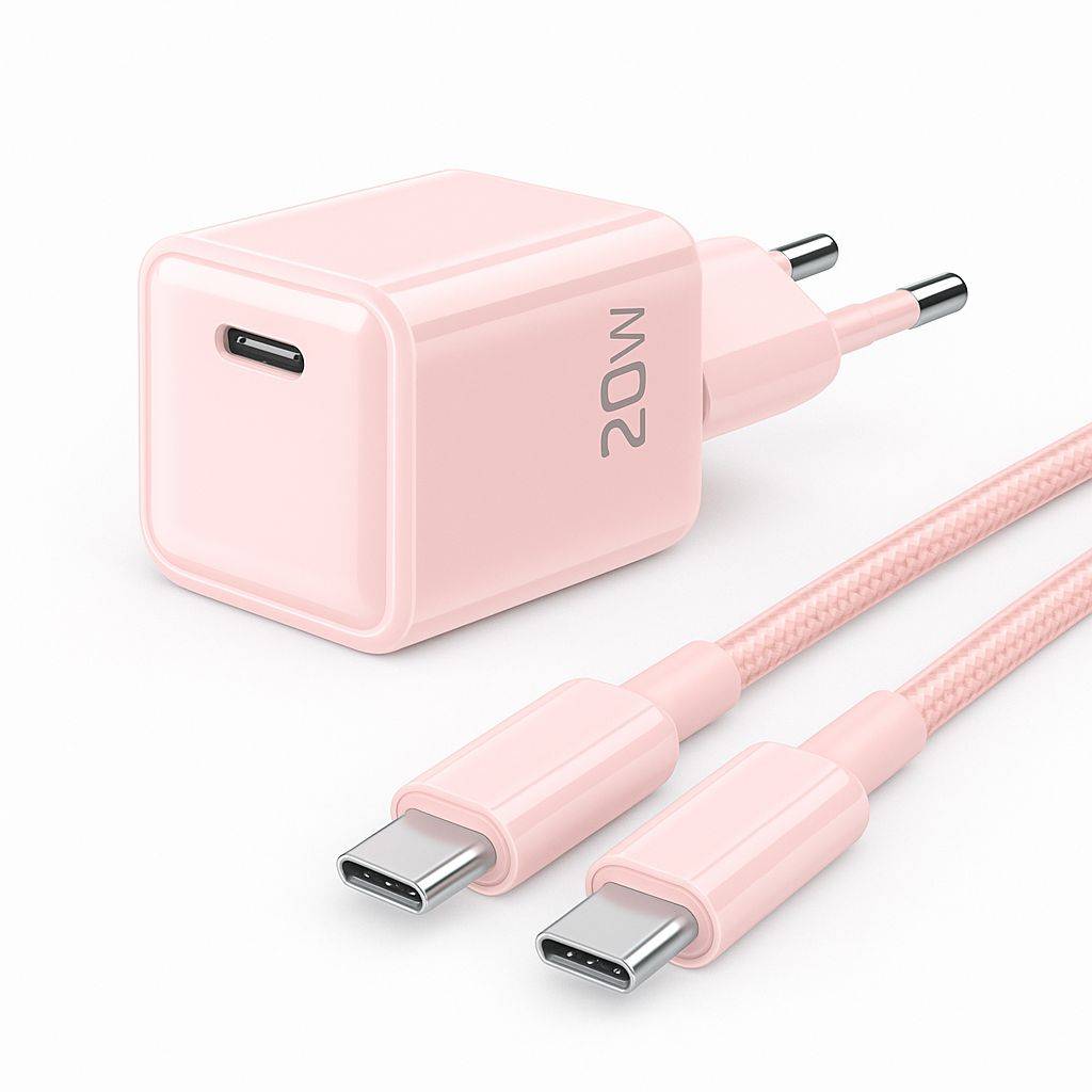 20W USB-C Snabbladdare med 60W Kabel för iPhone 15, iPhone 16 & iPhone 17 – Rosa