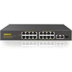 18 portar POE-switch, 16 portar 100 Mbps PoE+/2Gig Uplink-portar/1 glasfiber SFP-port, 802.3af/at Unmanaged 300 W inbyggd prestanda, förlängningsfunktion, metall, 19 tum rackmount plug and play