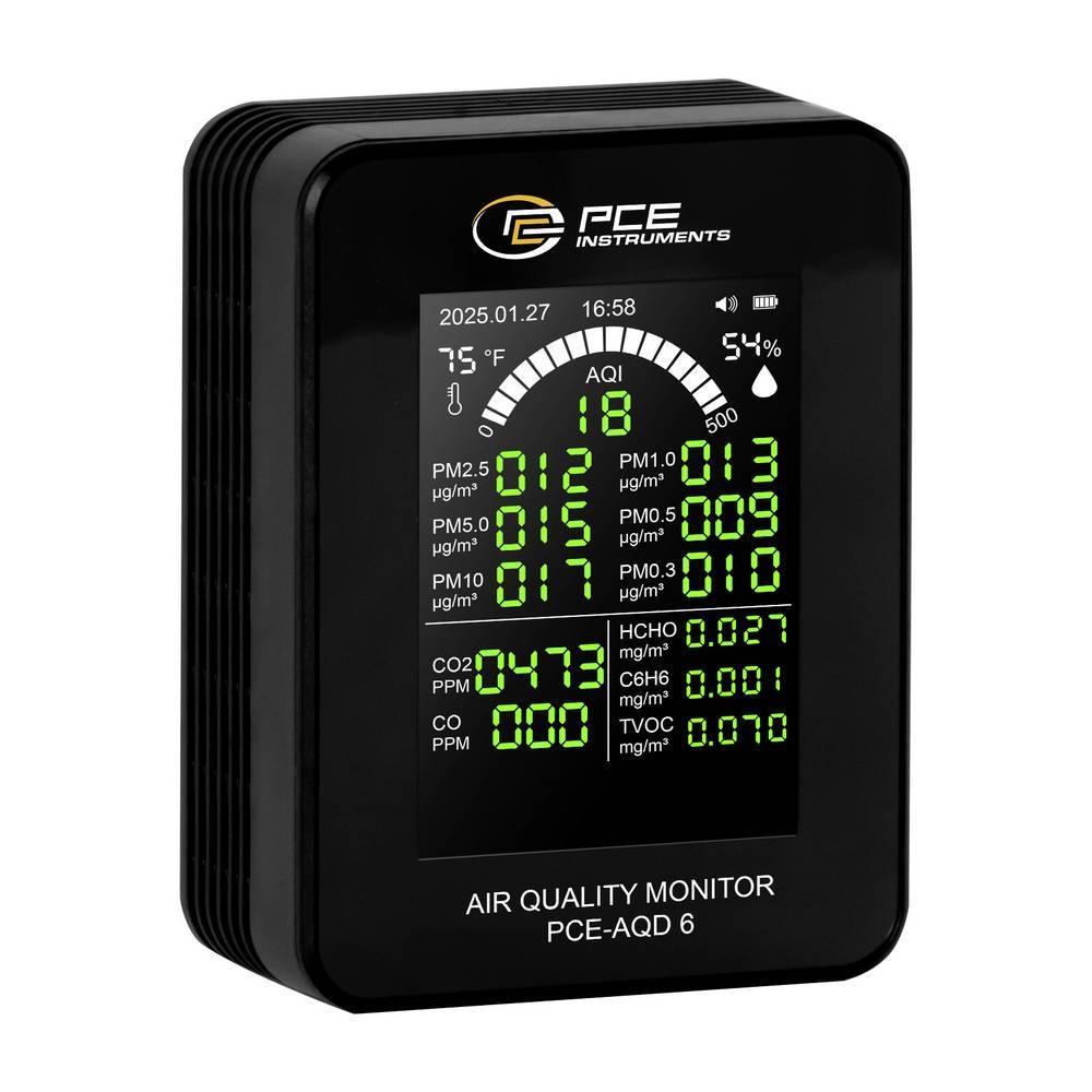PCE Instruments PCE-AQD 6 Luftkvalitetsmätare (VOC) CO2, Formaldehyd, Luftburna partiklar, VOC, CO, Bensen, Temperatur med datalogger