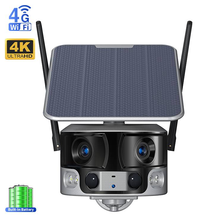 Super Wide-angle Solar Network Camera 4G Dual Lens 8MP 180 Degree Wifi Camera Indoor H.265 Wi-fi Solar Camera on Sale