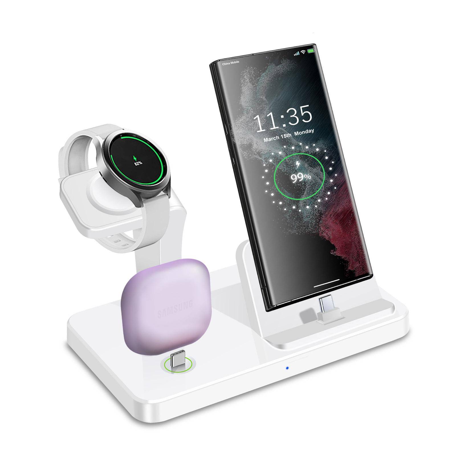 Laddstation för Samsung S23 Ultra S22 S21 Note20 10 Z Flip Fold 3 In 1 Snabb trådlös laddare för Galaxy Watch 5 Pro 4 Buds as picture vit
