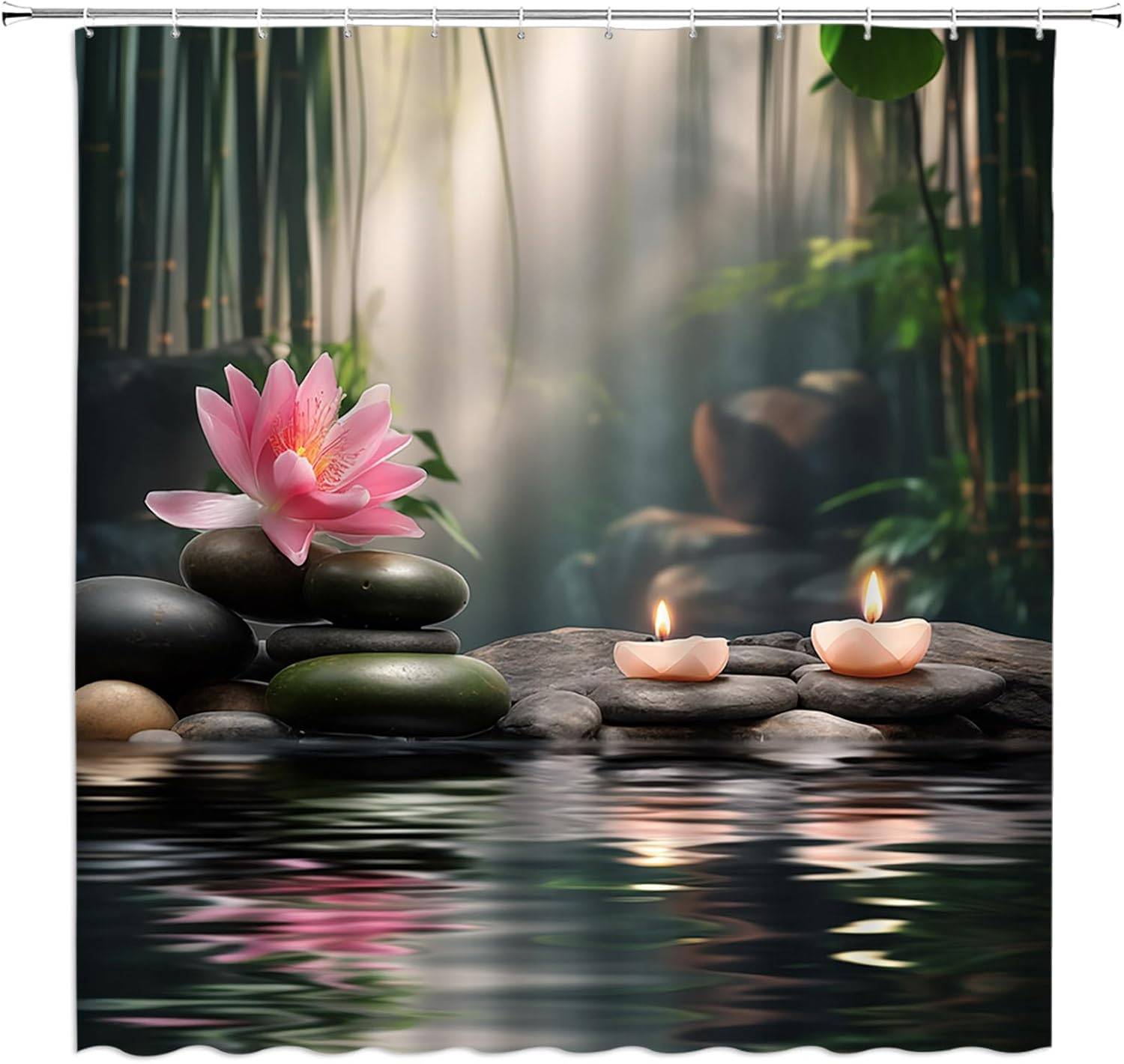 Zen Duschdraperi Spa Lotus Svart Sten och Ljus Bambu Vattenlilja Japansk Stil Avslappning Natur Hemtextil Badrumsinredning