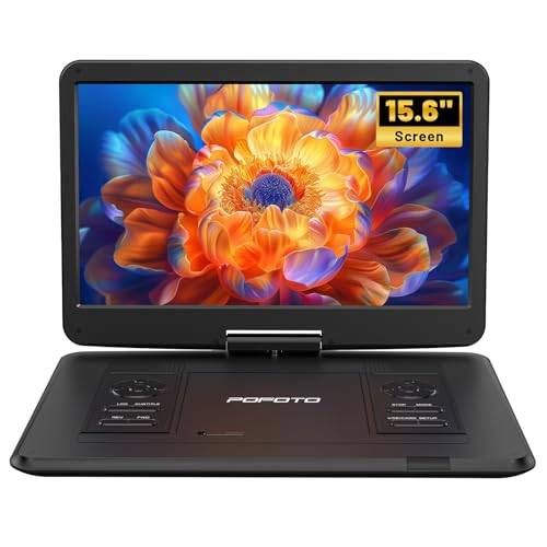 POFOTO 17,5'' Tragbarer DVD-Player mit 15,6'' Drehbarem HD-Display, 6h Akkulaufzeit, Unterstützt Mehrere Formate/SD/USB, TV/Projektor-Sync, Stoßfest & Speicherfunktion, Stereo-Lautsprecher (Schwarz)
