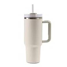 Moollyfox Isolerad mugg i rostfritt stål med dubbla väggar och handtag, vakuum, kaffemugg, 1200 ml (40 fl oz), bärbar resemugg, bilmugg, termosmugg med sugrör och lock, beige