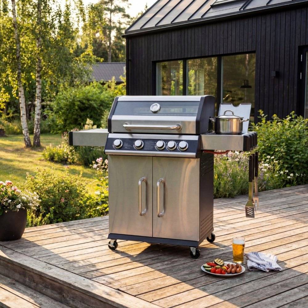Rostfri gasolgrill med sidobrännare & glasfönster 68x42 cm