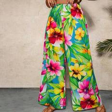 Plus Size Tropical Print Wide Leg Pants, Loose Casual Vacation Trousers - Multicolor - 0XL,1XL,2XL,3XL,4XL