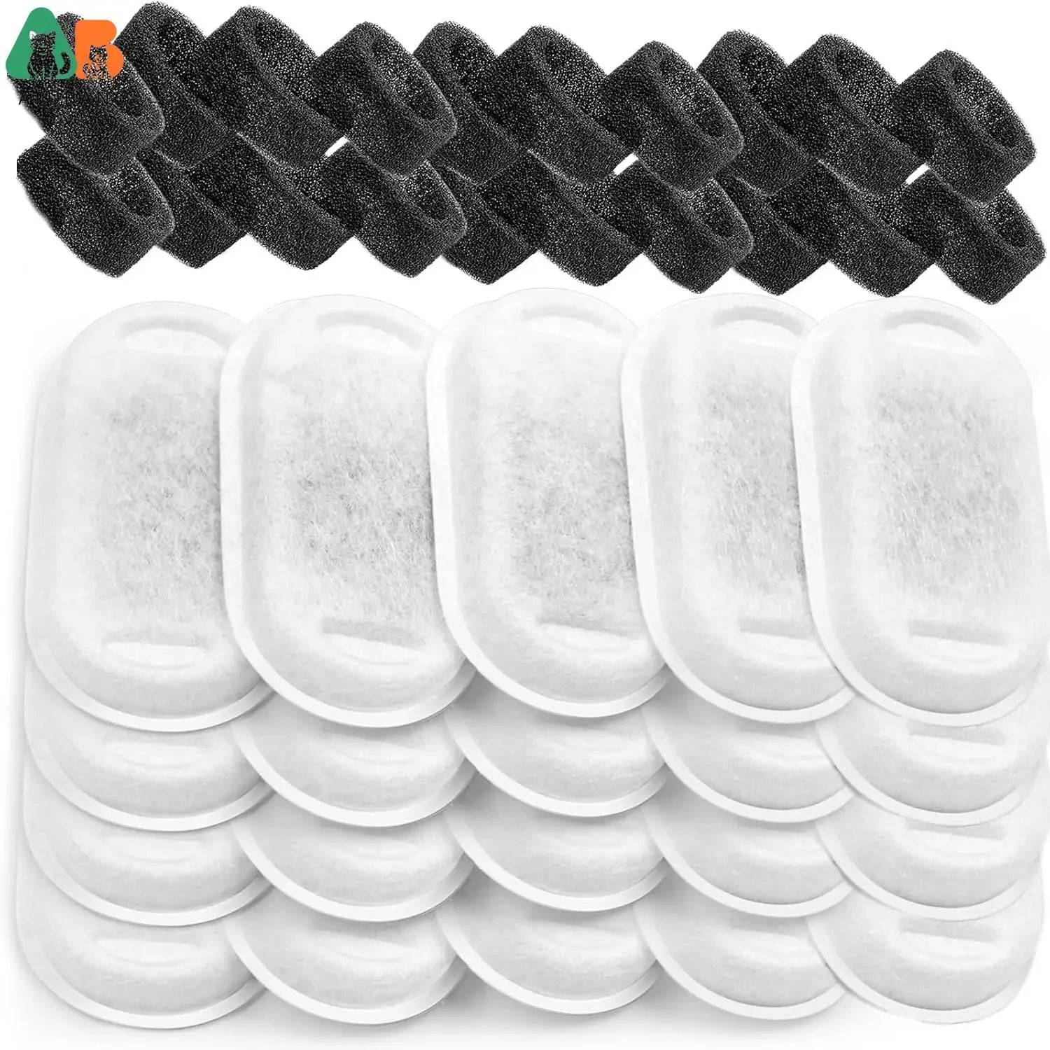 Replacement Filters and Sponges for Pet Water Fountains - Compatible with 2L and 3.2L Models - 20 Filters 20 Sponge / Box Packaging (Box Packaging)