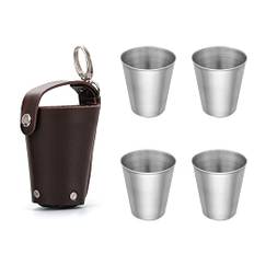 Helweet shotglas av rostfritt stål, spritskoppar i rostfritt stål, spritskoppar i metall, 4 stycken 70 ml med läderfodral för vandring, camping
